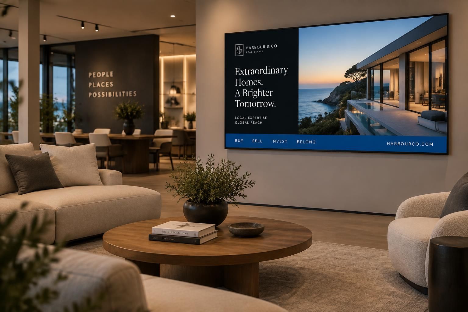 Illustrative digital advertising display in a furniture showroom environment