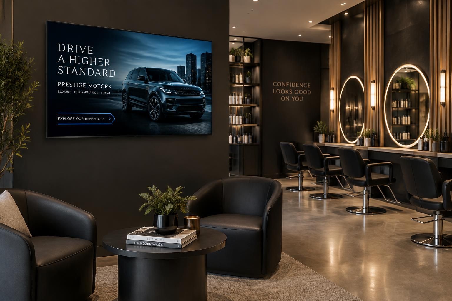 Illustrative digital advertising display in a salon environment