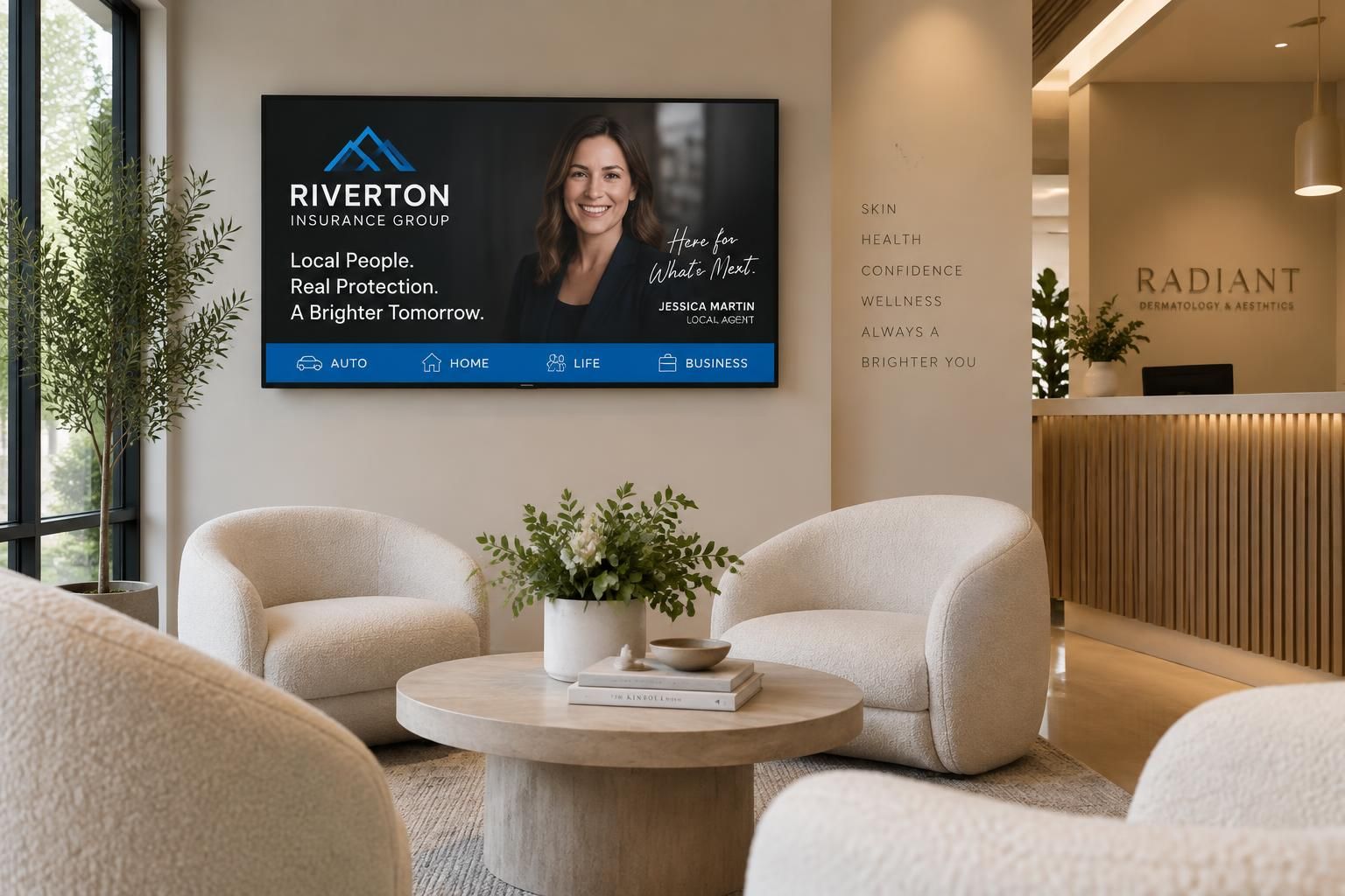Illustrative digital advertising display in a professional waiting room environment
